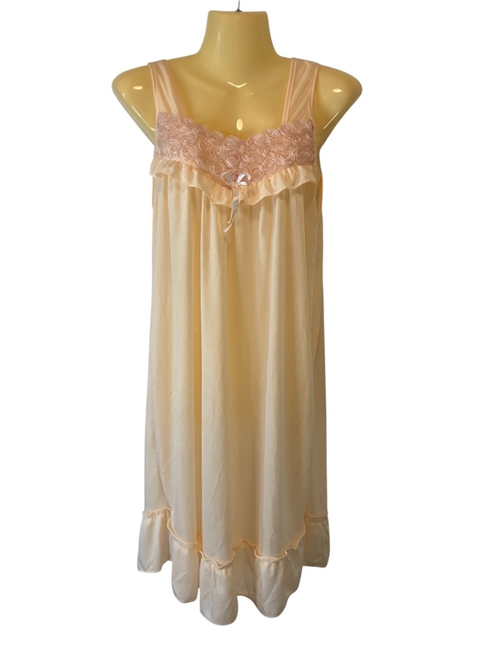 Happie Nightgown Lace Trim Rosettes Front Yoke Sheer Romantic Pale Peach Large
